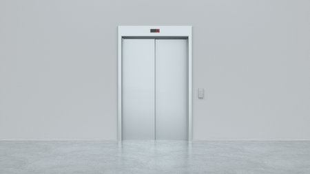 Blank silver closed elevator in office floor interior mock up, front view. Modern lift with closed...
