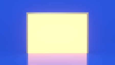 Yellow light inside an open white big door isolated on a blue background. Room interior design...