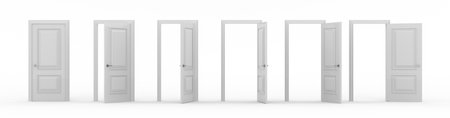 A set of white wooden doors at different stages of opening. 6 stages. Collection of doors. Entrance...