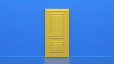 Yellow closed door on blue background. Frame on blue Wall in the Empty Room. Interior Design Element. Design Template for Graphics. 3d renderの写真素材