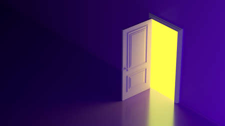 Yellow light shines through an open door against a neon glowing futuristic purple background. New opportunities isometric landing page. New technologies, Human life, Opportunity metaphor. 3d renderingの写真素材