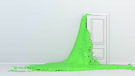 Bright colorful green water or paint flows into the room from the opening white door. Streams of...