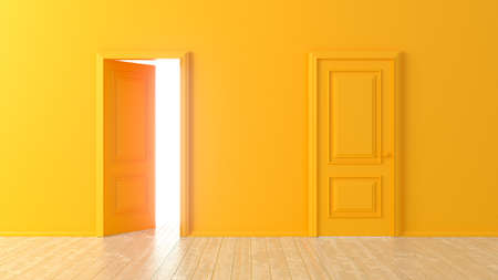 Open and closed orange doors in front of a room with a wooden floor. Isolated empty room. Choice, business and success concept. White glowing light. Ð¡reative minimal style design. 3d renderingの写真素材