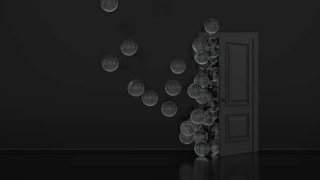 Gray metallic balloons fly away through open door in office interior. Balls pouring out of the open...