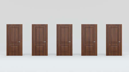 Five closed brown wooden doors isolated on gray background. Creative glamorous minimal style. 3d...