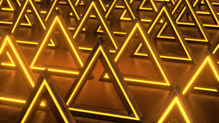 Orange triangular abstract background. Neon lights background. Bright neon lines background. Pattern triangle prisms. Modern background design for poster, cover, branding, banner, placard. 3d renderの写真素材