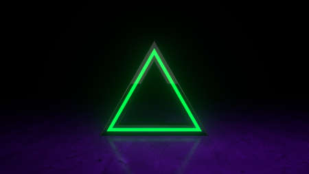 Green neon triangular frame with shining effects on dark purple background. Abstract of geometric shapes. Modern background design for poster, cover, branding, banner. 3d renderの写真素材