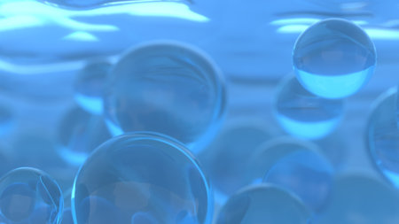 Realistic water bubbles collection on dark blue background. Bubble oil on water background blue...