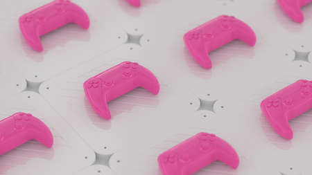 Pink joysticks on a white textured surface. Gamepads on glossy table background. Gamer concept. 3d...
