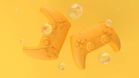 Yellow standard videogame controllers on a yellow background with pattern dots and holes....