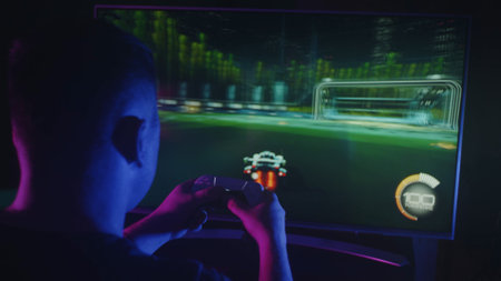 Moscow, Russia - March 12 2021: Guy playing video game and using joystick. Playing video games on console PlayStation 5. Men spending fun time at home. Room with pink blue and neon lights. Close upのeditorial素材