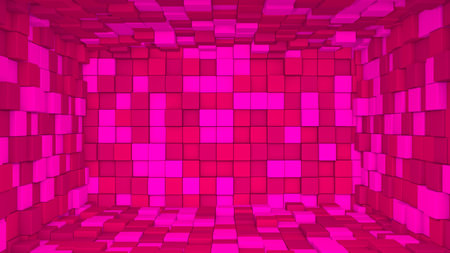 Abstract room interior with pink cubes. Box cube random geometric background. Square pixel mosaic...