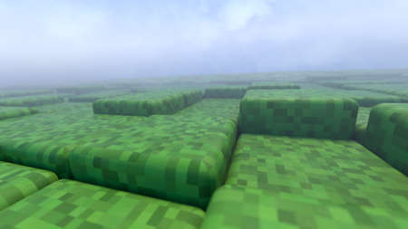 3D Abstract cubes. Geometric mosaic waves pattern. Construction of hills landscape using green grass...