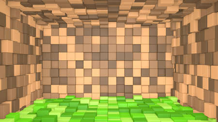 3D Abstract cubes. Video game geometric mosaic waves pattern. Construction of hills landscape using...