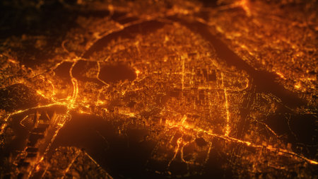 Beautiful aerial cityscape view of the city. Abstract night city view with traffic jams, car....