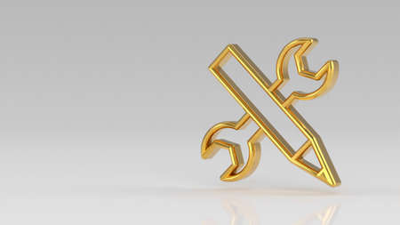 Gold tools key and pencil sign isolated on gray white background. Repair concept. 3D illustrationの写真素材