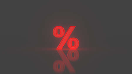 Glossy glass glow red percent sign isolated on gray background. Seasonal sales background with percent discount pattern. Business illustration. Discount concept. 3D renderingの写真素材