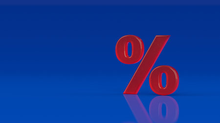 Glossy glass red percent sign isolated on blue background. Seasonal sales background with percent discount pattern. Business illustration. Discount concept. 3D renderingの写真素材