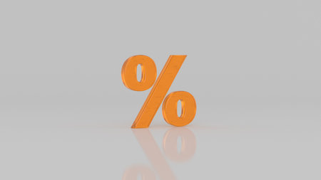 Glossy glass orange percent sign isolated on gray background. Seasonal sales background with percent discount pattern. Business illustration. Discount concept. 3D renderingの写真素材
