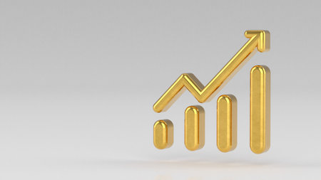 Gold growth diagram on white gray background. Business data diagram. Chart and graph, for web data report and presentation. 3d arrow graph illustrationの写真素材
