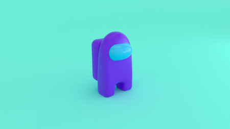The game purple character among us on a green background. Robot among us for poster. Online game Among Us - multicolor characters. Cartoon game. 3d render illustrationの写真素材