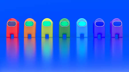 The game characters among us on a blue background. Robot among us for poster. Online game Among Us....