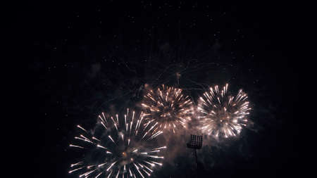 Fireworks Festival Background. Shining Real Fireworks With Bokeh Lights In The Night Sky. Glowing...