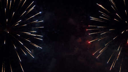 Fireworks Festival Background. Shining Real Fireworks With Bokeh Lights In The Night Sky. Glowing...