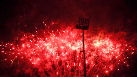 Fireworks Festival Background. Shining Real Fireworks With Bokeh Lights In The Night Sky. Glowing...