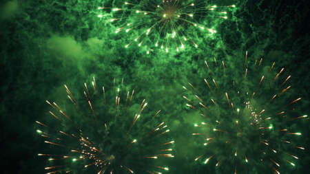 Fireworks Festival Background. Shining Real Fireworks With Bokeh Lights In The Night Sky. Glowing...