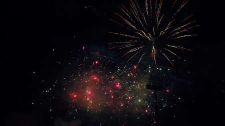 Fireworks Festival Background. Shining Real Fireworks With Bokeh Lights In The Night Sky. Glowing...