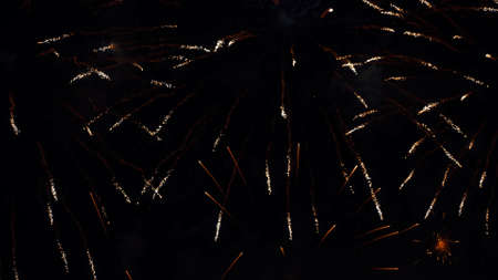 Fireworks Festival Background. Shining Real Fireworks With Bokeh Lights In The Night Sky. Glowing...