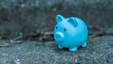 Blue piggy bank take photo with concrete background. Concept and idea of wealth by saving money for growth. Piggy look happyの写真素材