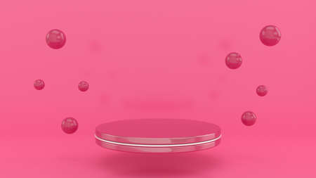 Empty pink podium with spheres. Minimal abstract pink background. Theme for commercial cosmetic luxury design. 3d Renderingの写真素材