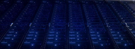 Modern interior server room data center. Connection and cyber network in dark servers. Backup,...