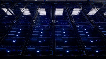 Modern interior server room data center. Connection and cyber network in dark servers. Backup,...