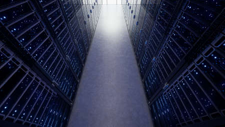 Modern interior server room data center. Connection and cyber network in dark servers. Backup,...