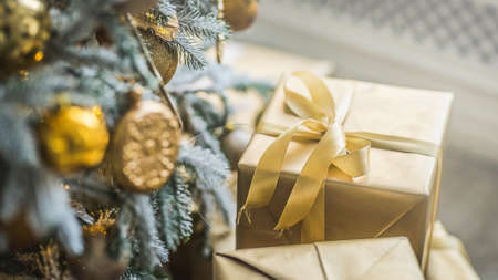 Christmas and New Year interior in light classic style. White room with Xmas Tree decorated,...