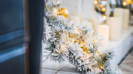Bright New Year celebration dÃ©cor. Christmas and New Year interior in light classic style. White...