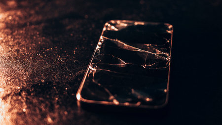 Broken glass screen smartphone on a black textured background with orange light. Cracked glass on a...