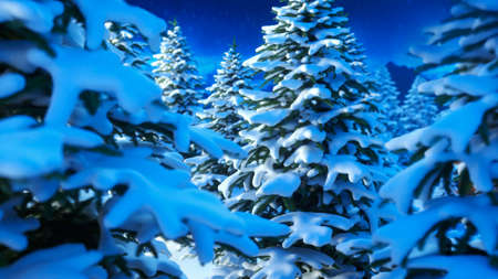 Snow covered winter forest under stormy snowfall. Branches in the snow. View of the night magic forest and blue sky with stars and a bright moon. Depth of field. 3d renderingの写真素材