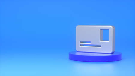 Business card metal sign on a dark blue podium on a blue background. Business, personalization,...