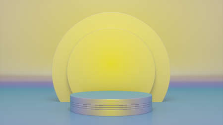 Neon color podium and minimal abstract geometry shape background. Round podium, pedestal, platform, background for cosmetic product presentation. Minimalist mock up scene, concept template. 3d renderingの写真素材