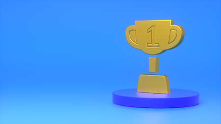 Golden first place cup sign on a dark blue podium on a blue background. The concept of success, luck, victory, opportunity, growth, business. 3d renderingの写真素材