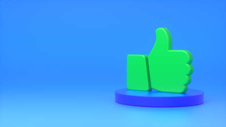 Green OK sign on a dark blue podium on a blue background. Concept of acceptance, luck, success, approval, reports, business, marketing. 3d renderingの写真素材