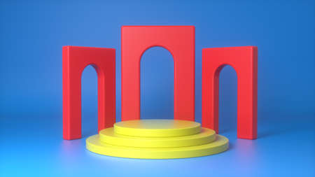 Empty yellow cylinders podium on red arch and blue background. Minimal mockup for product...