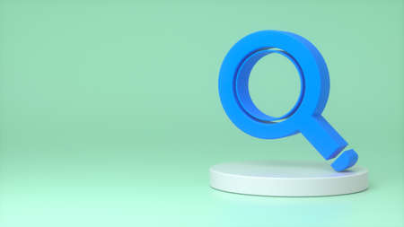 Blue magnifier sign on a white podium on a blue background. Magnifying glass. The concept of search, information, business, search engines. 3d renderingの写真素材