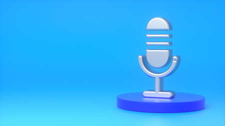 Metal sign of a retro tube microphone on a dark blue podium on a blue background. The concept of sound recording, sounds, radio, music, communication. 3d renderingの写真素材