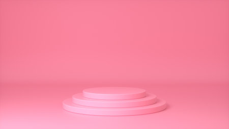 Pink round stage, pedestal or podium on pink background. Empty round stage or pedestal for award ceremony. Abstract frame with place for ad product presentation. 3d renderingの写真素材