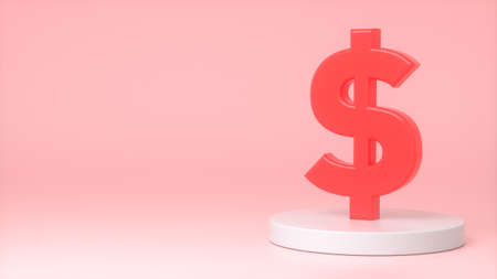 Red dollar sign on a white podium on a pink background. 3d rendering